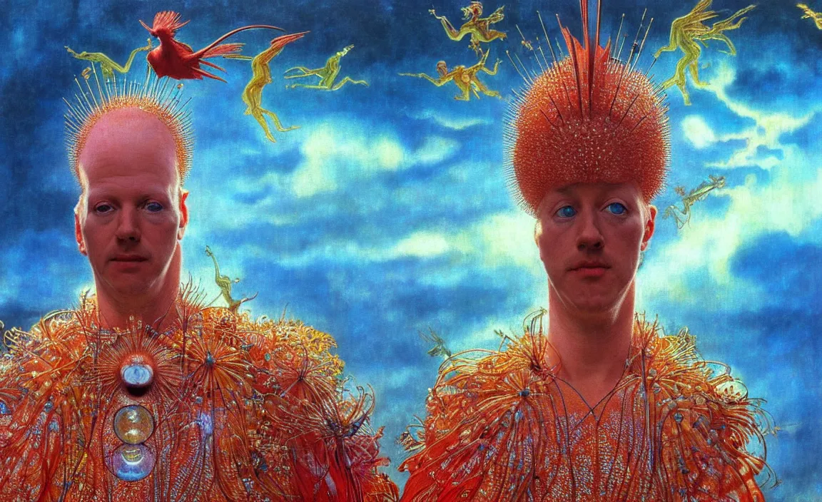 Image similar to realistic detailed portrait movie shot of a birdman wearing reflective transparent robes, sci fi city landscape background by denis villeneuve, amano, yves tanguy, alphonse mucha, ernst haeckel, max ernst, roger dean, masterpiece, rich moody colours, blue eyes