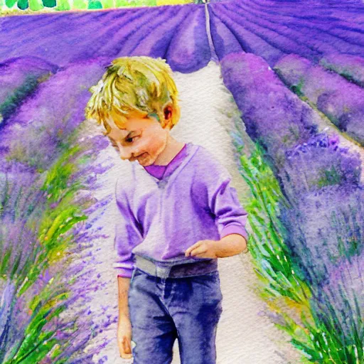 Image similar to a young boy walking in a field of lavender, talking on the phone and smiling, watercolour painting, french style,