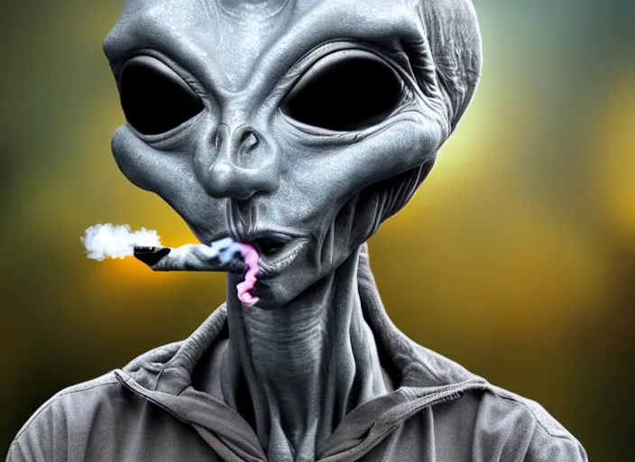 Image similar to photograph of grey alien smoking too much weed, 8k resolution, high detail, ULTRA REALISTIC VFX, reflections