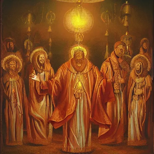 Image similar to acolytes worshipping glowing mushroom, orthodox image