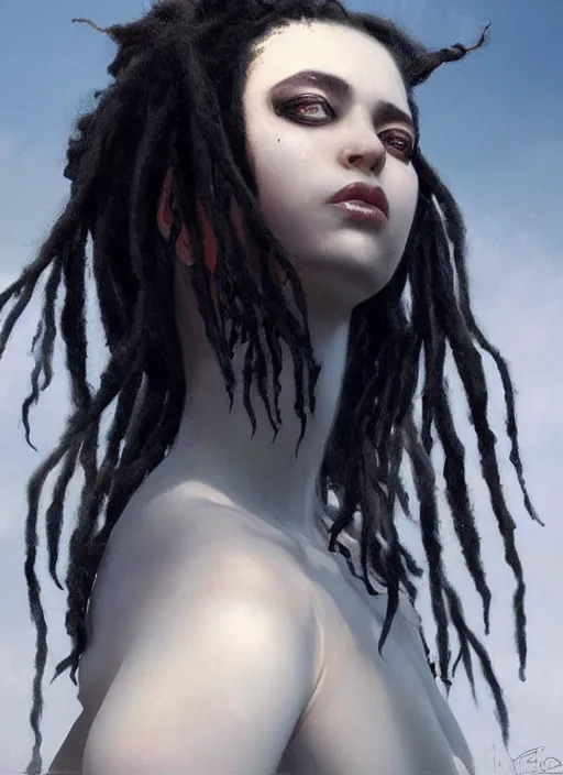 Image similar to girl with pale white skin and black dreadlocks, beautiful highly detailed face, complementary lighting, backlit, black eyeshadow, dark eyes, adventure, dramatic lighting, landscape background, beautiful painting by artgerm and greg rutkowski and raymond swanland