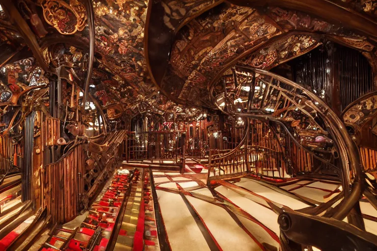 Image similar to the interior of the organ room at house on the rock is made of red carpet and black wrought - iron, and is full of cluttered arrangements of parts of pipe organs, clock gears, and engine components surrounded by curved elevated walkways, interwoven catwalks, spiral ramps, and twisted staircases.