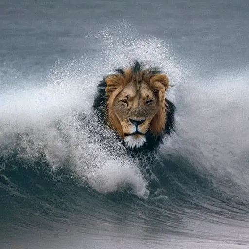 Image similar to a lion's face breaching through a wave