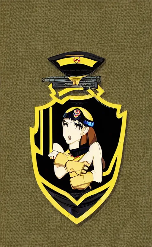 Image similar to shoulder patch design, soldier girl, anime style, clean logo design, military insignia, no text, soldier clothing, realistic military gear, 70mm, inspired by shirt producer, made in photoshop, no background, vector line art, by professional designer, smooth, realistic bust anatomy