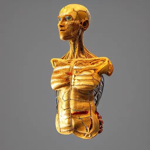 Image similar to neural system female torso with cracked skin with raw gems inlaid her skin, anatomic description, gems, gold, 8k, details, studio lighting, realism, complex lights