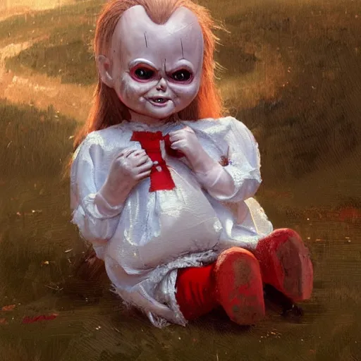 Image similar to the doll chucky as an angel described in the bible, oil painting, by greg rutkowski