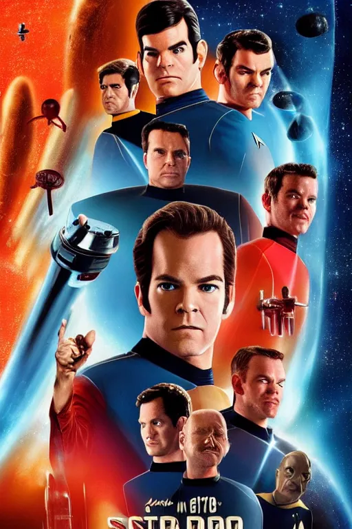 Prompt: movie poster of star trek movie, USS Enterprise NCC-1701-A, Chris Pine, Zachary Quinto, Karl Urban, Zoe Saldana, Simon Pegg, John Cho, Anton Yelchin, directed by quentin tarantino, in the style of James Verdesoto and Matt Ferguson, pulp fiction, highly detailed, photorealistic