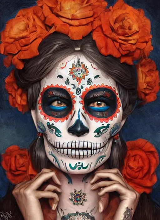 Image similar to digital _ painting _ of _ dia de los muertos _ by _ filipe _ pagliuso _ and _ justin _ gerard _ symmetric _ fantasy _ highly _ detailed _ realistic _ intricate _ port