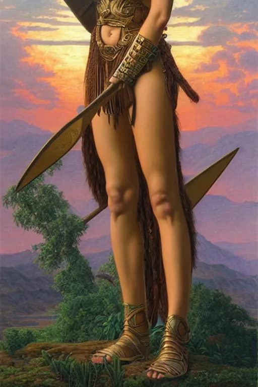 Prompt: beautiful oil painting of a female warrior of the Amazons, armored, forest, symmetrical face, magical, Greek mythology, Ancient Greece, sunset, by John William Godward and Anna Dittman, masterpiece