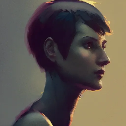 Prompt: portrait of an american girl with short hair, men's haircut, dramatic lighting, illustration by greg rutkowski, yoji shinkawa, 4 k, digital art, concept art, trending on artstation