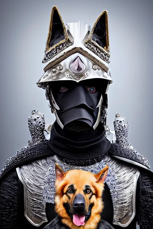 Image similar to donald trump knight wearing a real german shepherd on his head, armor designed by wayne barlowe, swarovski and tiffany, blonde hair, symmetry, sci - fi, cinematic, elegant, luxury, perfect light, perfect composition, dlsr photography, sharp focus, dark fantasy, 8 k, ultra hd, sense of awe, highly detailed, realistic, intricate