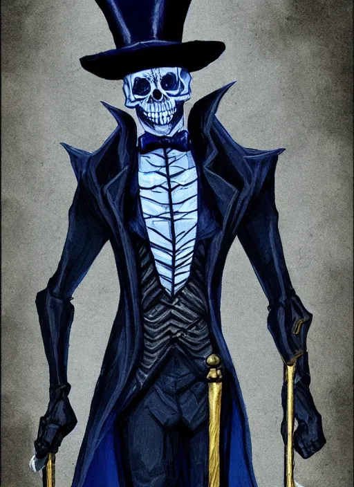 Image similar to DND character art, skeletal male figure, wearing a deep black suit!!! and tie and top hat, holding a gold! cane!, blue flames in background, blue flames