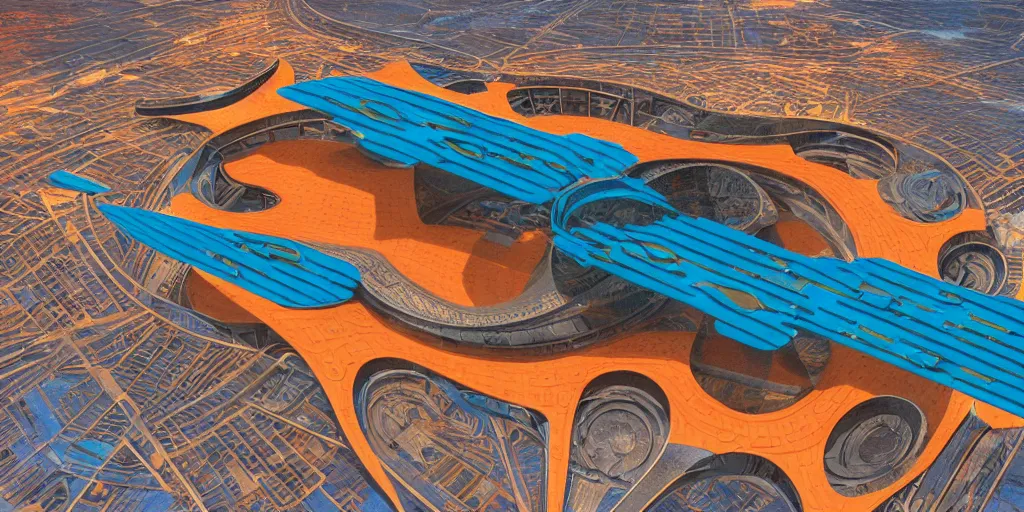 Image similar to cinematic still of hyper detailed realistic highly technical greeble hard surface modelled afro futurist spaceport designed by frank lloyd wright architect, surreal flying aircraft, deep perspective, wide angle, insanely detailed and intricate, teal gold and orange color scheme,