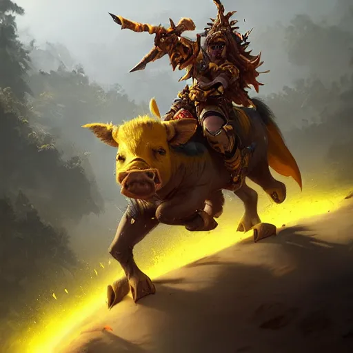 Image similar to a boar rider warrior, yellow theme, bright art masterpiece artstation. 8 k, sharp high quality artwork in style of jose daniel cabrera pena and greg rutkowski, concept art by tooth wu, blizzard warcraft artwork, hearthstone card game artwork, boar rider