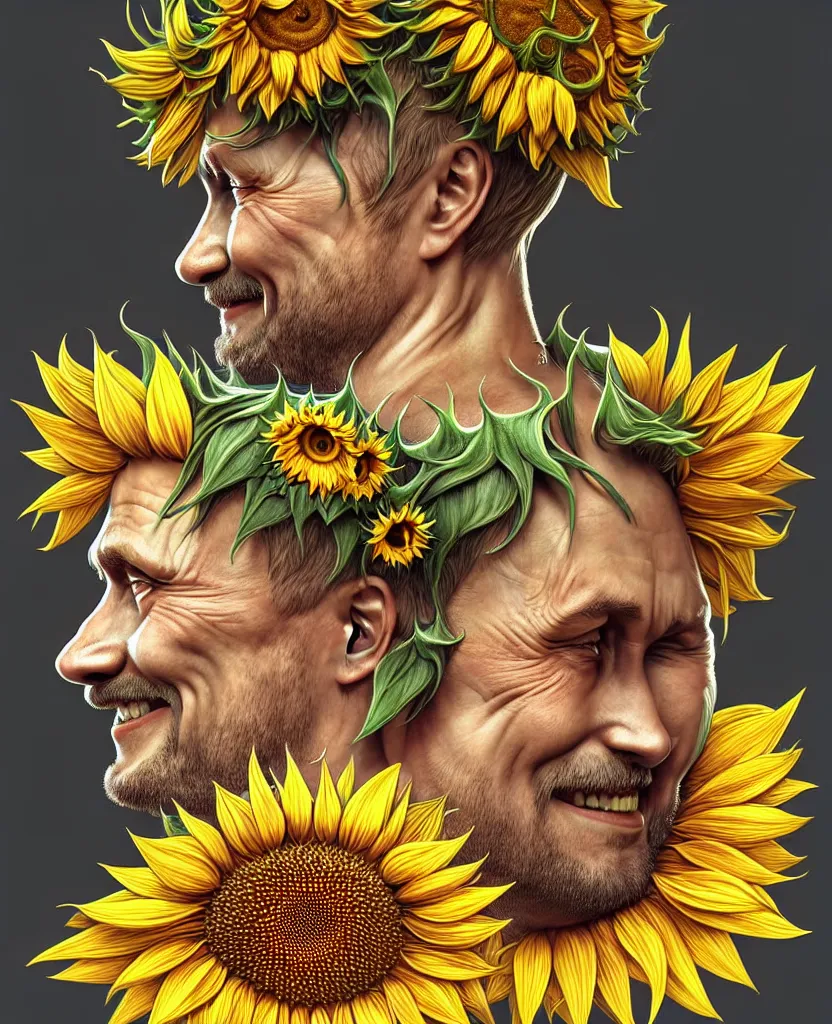 Image similar to digital art, centered full body of Putin smiling king, Sunflower crown, ,intricate, veins, by James Jean and by artgerm , by ross tran ultradetailed, charachter design, concept art, trending on artstation,