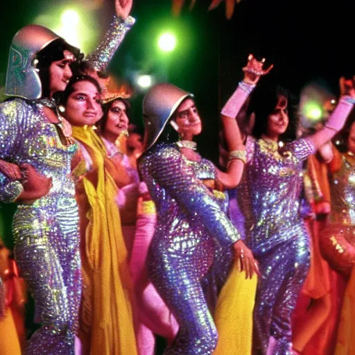 Image similar to 1 9 8 0 s bollywood movie, an elephant wearing a silver latex suit and an iridescent metal helmet surrounded by women dancing in colorful flowing intricate dresses on a tropical alien planet