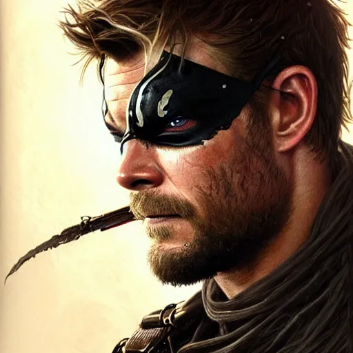 Image similar to Chris Hemsworth with an eye patch as Venom Snake, western, D&D, fantasy, intricate, elegant, highly detailed, digital painting, artstation, concept art, matte, sharp focus, illustration, art by Artgerm and Greg Rutkowski and Alphonse Mucha