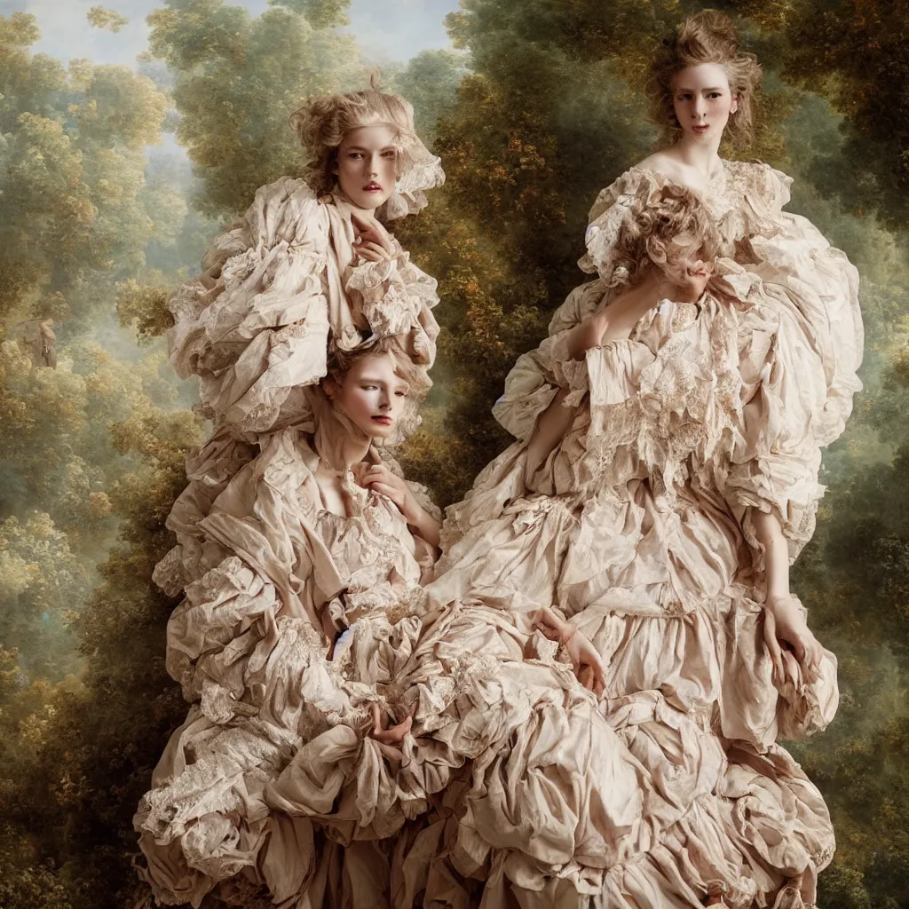 Image similar to fashion editorial by Jean-Honoré Fragonard. outdoor. highly detailed. 8k. depth of field. photography