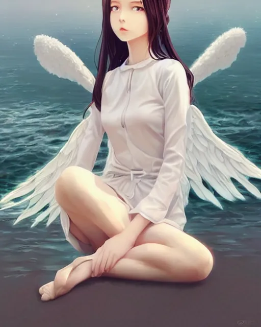 Image similar to infinitely detailed full - body portrait pale female peaceful dream angel wearing elegant clothes. beautiful! scenery art! by wlop & murata range, by ilya kuvshinov. artstation!! / pixiv!!