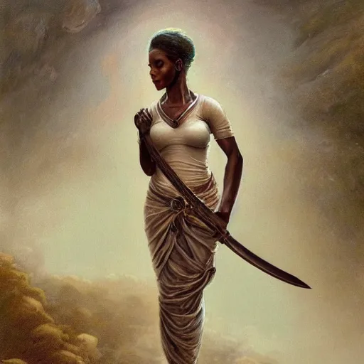 Image similar to artstation concept of a beautiful girl holding a sword in both hands, brown skin, sweaty skin, symmetrical face, casual white garment, brown canyon background, shiny colorful, hyperdetailed, artstation trending, world renowned artists, worth1000.com, historic artworks society, antique renewel, cgsociety, by greg rutkowski, by Gustave Dore, Deviantart