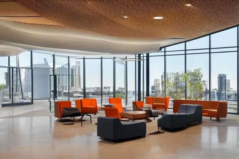 Prompt: an office lobby in a high end class a building designed by gensler, golden hour lighting