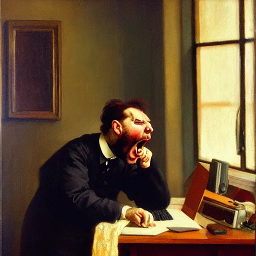 Image similar to an angry man yells at his computer monitor, oil on canvas, 1 9 0 1