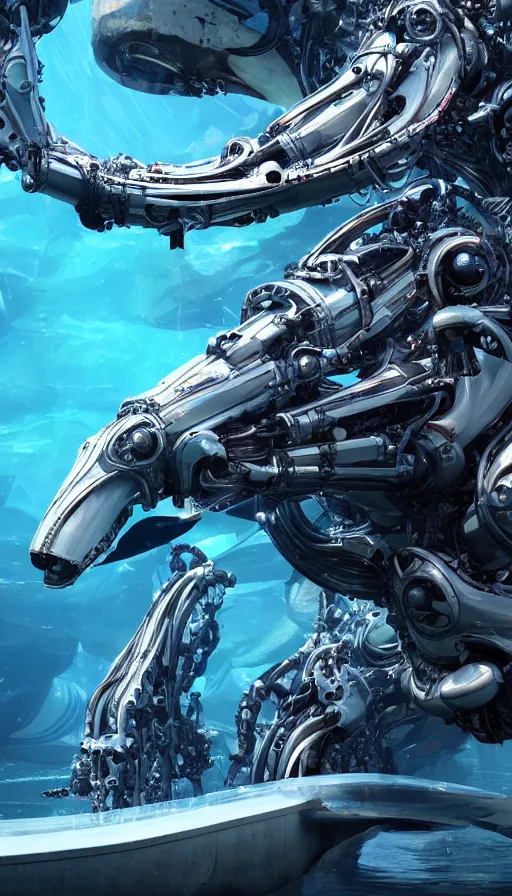 Image similar to summoning a beautiful biomechanical orca spirit from the ocean, organic and robotic, made up of many bits of metal, skin, and plastic, shiny, cyberpunk, hyper realistic, octane render unreal engine render, 8k, super detailed
