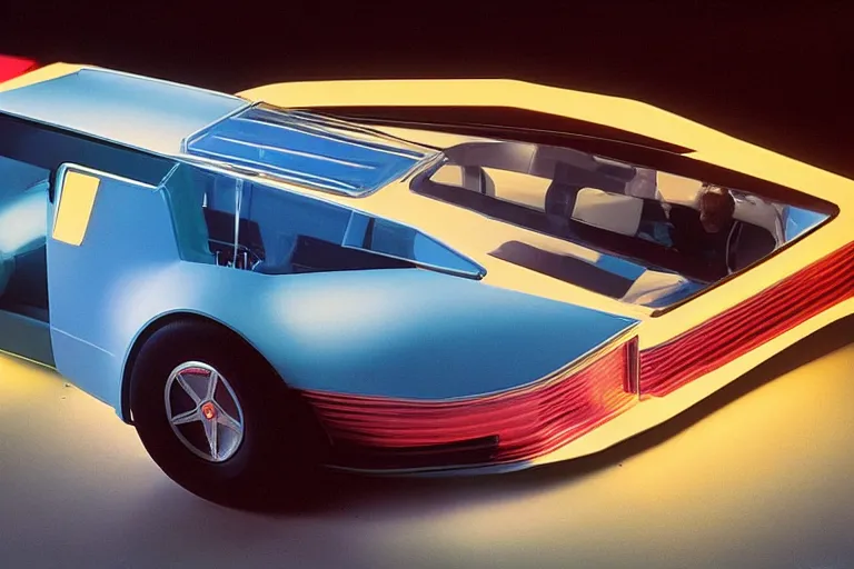 Prompt: designed by Giorgetto Giugiaro stylized poser of a single car, thick neon lights, ektachrome photograph, volumetric lighting, f8 aperture, cinematic Eastman 5384 film