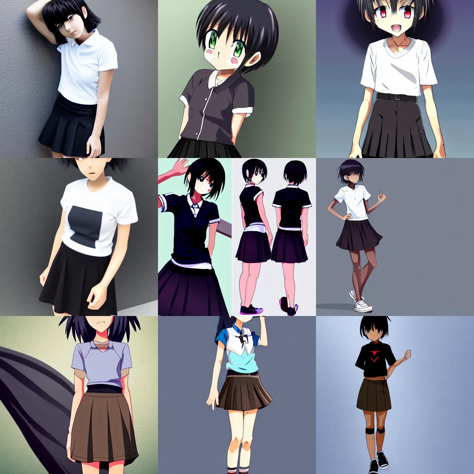 Prompt: anime tomboy with dark skin, in skirt and shirt, short hair, slim, sporty