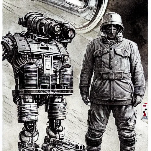 Image similar to Soviet mechs in the style of Norman Rockwell, sci-fi illustrations, highly detailed, award-winning, patriotic, soviet, ussr, dark, gritty, ink