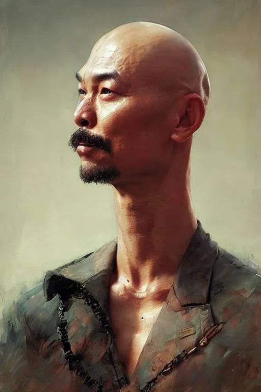 Prompt: creative bald kazakh guy with a short beard, painted by ruan jia, raymond swanland, lawrence alma tadema, zdzislaw beksinski, norman rockwell, jack kirby, tom lovell, alex malveda, greg staples