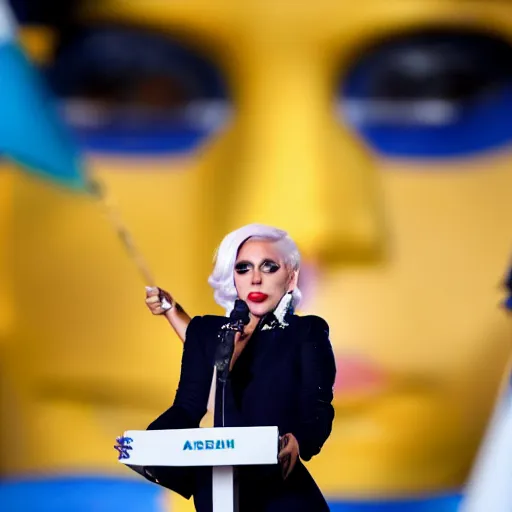 Image similar to Lady Gaga as president, Argentina presidential rally, Argentine flags behind, bokeh, giving a speech, detailed face, Argentina