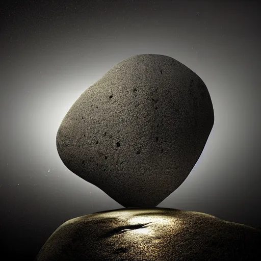 Image similar to a large boulder rock with a metallic finish is embedded in a circular matte black industsrial stage in the center of a dark space, a ring of overhead lights cast onto the rock and it throws caustic reflections into space, low misty atmosphere, hyper realistic image in the style of jeremy geddes but photo real, dark black space, 8k octane render