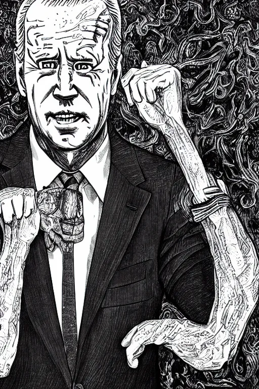 Image similar to Joe Biden full body portrait, body horror, black and white Illustration by Junji Ito