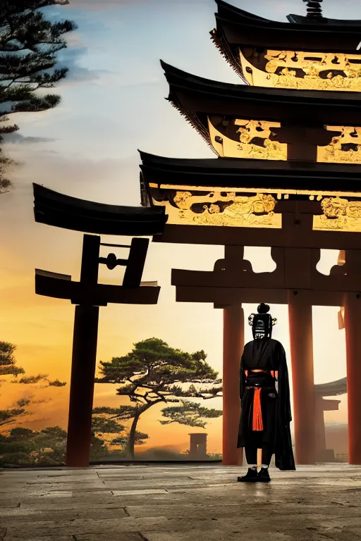 Image similar to a godlike and indomitable masked and helmeted samurai standing before a Torii gate with pride, the rising sun in the background. Photo realistic. Award winning