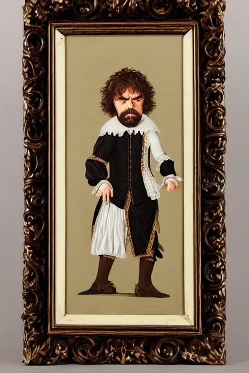 Image similar to a 1 6 0 0 s framed portrait painting of peter dinklage standing on a step stool, intricate, elegant, highly detailed