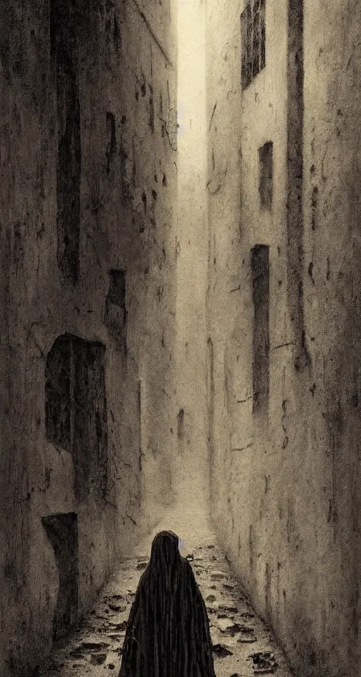 Prompt: lonely cannibal in alleyway, skinny and hunry with black tatterd clothing and bloody fingers at night, horror, gothic, lovecraftian, 4 k, realistic, high detail, gruesome, by zdzisław beksinski
