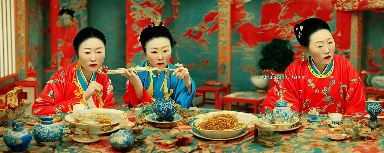 Prompt: empress wu ze tian of china eating spaghetti alone in her palace, bird flying in the house, lizard on table, phoenix ontop of a cup, 6 9 0 ad, canon 2 8 mm, kodachrome, retro, in the style of wes anderson, photograph, realistic expressions, detailed faces, exquisite detail, soft focus