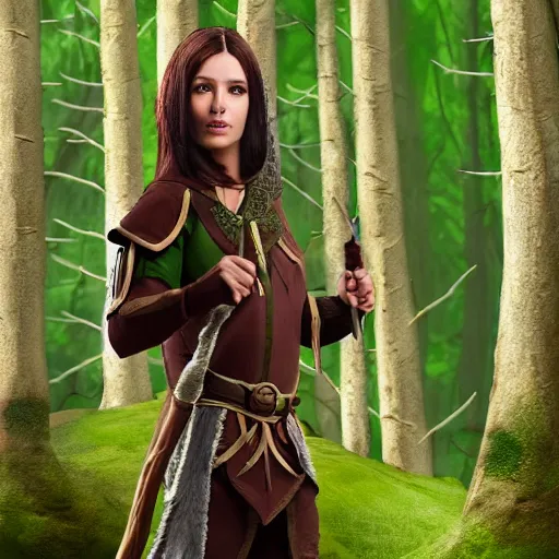 Image similar to anya charlota as a medieval fantasy wood elf, dark purplish hair tucked behind ears, wearing a green tunic with a fur lined collar and brown leather armor, stocky, muscular build, scar across nose, one black, scaled arm, cinematic, character art, digital art, forest background, realistic. 4 k