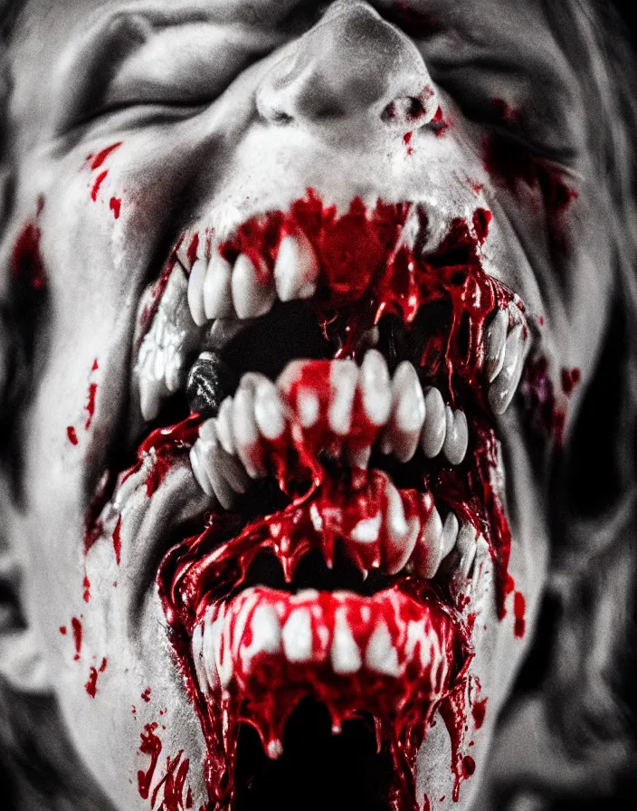 Prompt: a really creepy photography of joker laughing open mouth, hyper realistic, ultra detailed, portrait photo, black background, horror, blood