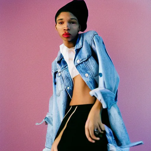 Image similar to realistic! photoshoot for a new vetements lookbook, color film photography, portrait of a beautiful woman, in style of tyler mitchell, 35mm