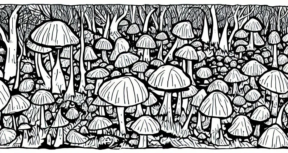 Prompt: A tribal village in a forest of giant mushrooms, by Jhonen Vasquez