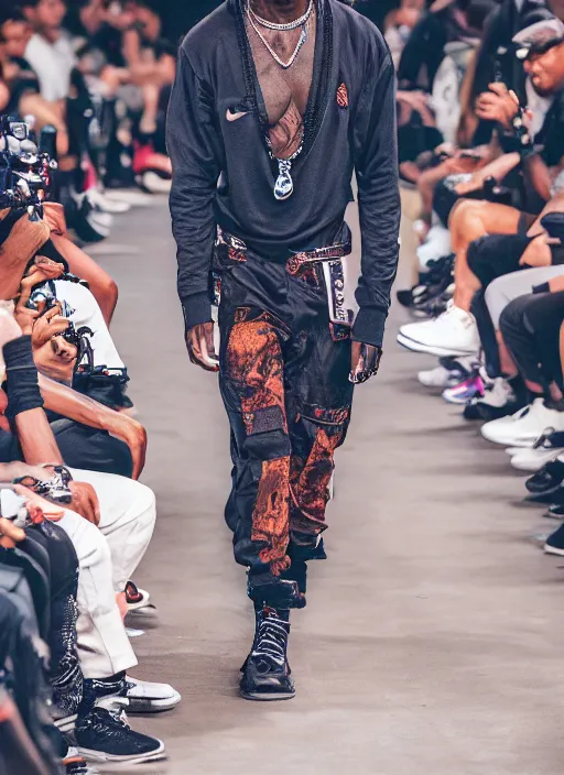 Prompt: hyperrealistic and heavy detailed nike runway show of travis scott, leica sl 2 5 0 mm, vivid color, high quality, high textured, real life