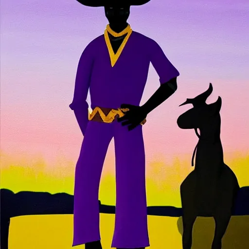 Prompt: a beautiful painting of a regal african cowboy, in front of a pale lavender sunrise, dawn, predawn, golden light, art deco!, silhouette, no crop, smooth, sharp focus, grainy, realistic, very realistic, hyperrealistic, highly detailed, very detailed, extremely detailed, very neat, very epic, very cool, detailed, made by Jacob Lawrence