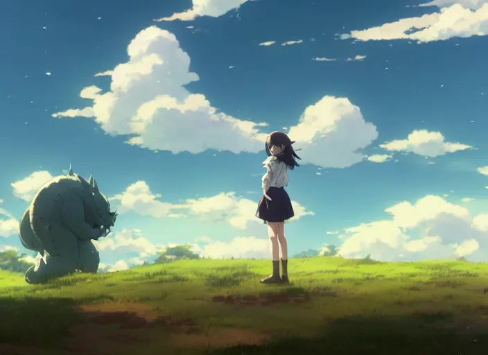 Prompt: a massive seprent kaiju creature flying through the sky, as a thicc farmer girl watches while sitting on a fence post, fluffy white clouds on the horizon, by makoto shinkai an krenz cushart