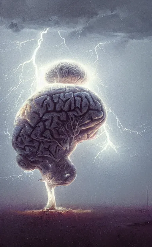 Prompt: a beautiful digital art painting of close up of a brain and a thunderstorm, by greg rutkowski and stalenhag, featured on artstation