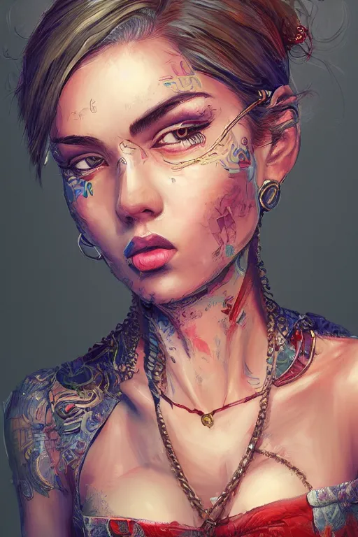 Image similar to portrait of a gangster girl, cute face, intricate, highly detailed, digital painting, official media, concept art, rich vivid colors, ambient lighting, sharp focus, illustration