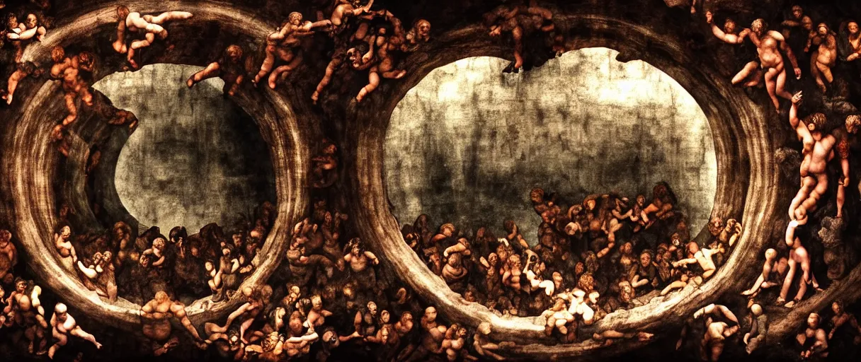 Image similar to alvah angelrune water portal to hell located in heaven, photorealistic, crowd of people, rule of thirds, 4 k, dark bright effect, michelangelo