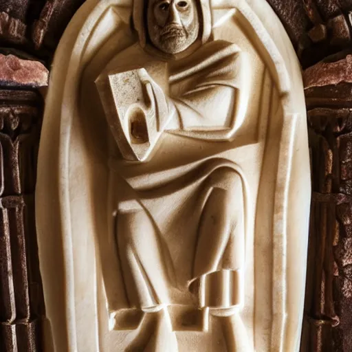 Image similar to top down view the sarcophagus of the medieval king danny devito, carved in alabaster, church interior, hd