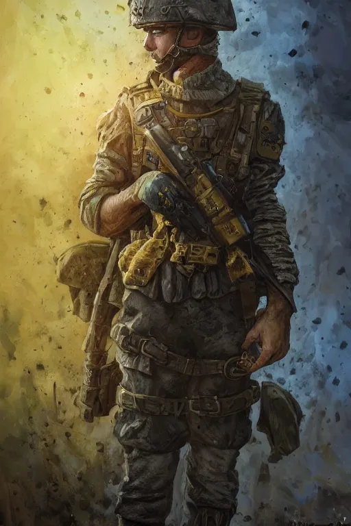 Image similar to a distant shot of a Ukrainian Call of Duty soldier with blue and yellow uniform standing alone on a pile of skulls as a winner, masculine figure, D&D, fantasy, intricate, elegant, highly detailed, extremely detailed, digital painting, artstation, concept art, matte, sharp focus, symmetrical, illustration, art by Artgerm and Greg Rutkowski and Alphonse Mucha